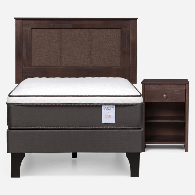 Cama Europea New Style 4 Plus Plus 1 Plaza x 2.00 mt + Respaldo + 1 Velador Rachel Chocolate