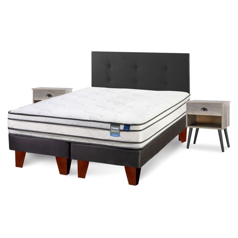 Cama Europea Innova 2 Plazas x 2.00mt Base Dividida + Respaldo + 2 Veladores Royal Rover