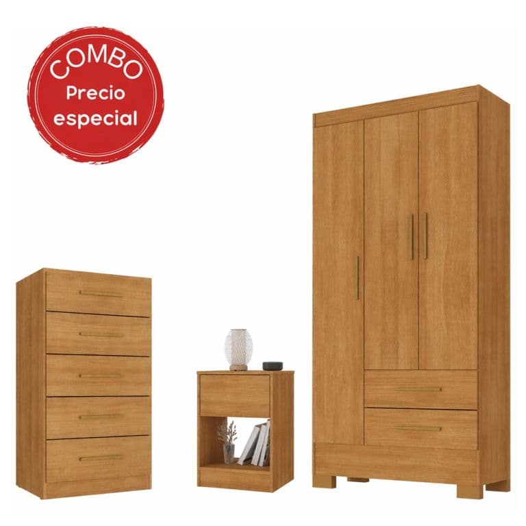 Combo Closet 3 Puertas, Comoda 5 Cajones, Velador 1 Cajon Color Canela