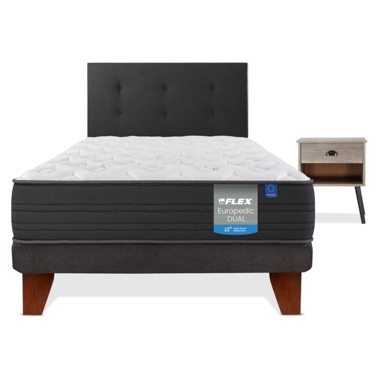 Cama Europea Europedic Dual 1 Plaza (90x190) + Respaldo Royal + Velador Rock