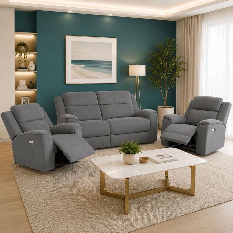 Sofa 3 Cuerpos + 2 Berger Reclinables Electrico Gris