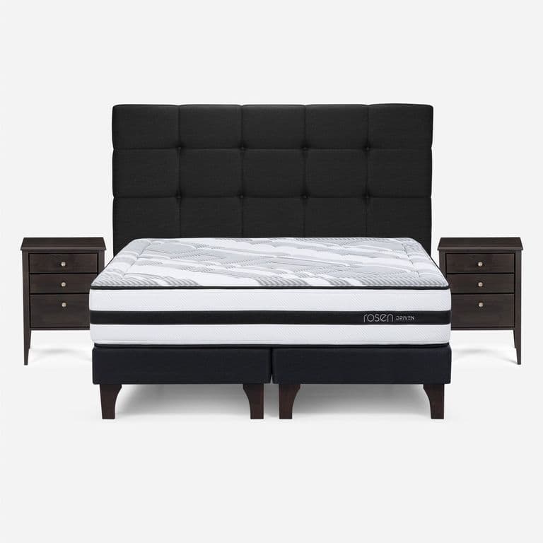 Cama Europea Driven 2 Plazas x 2.00mt Base Dividida + Respaldo + 2 Veladores Issey Grafito