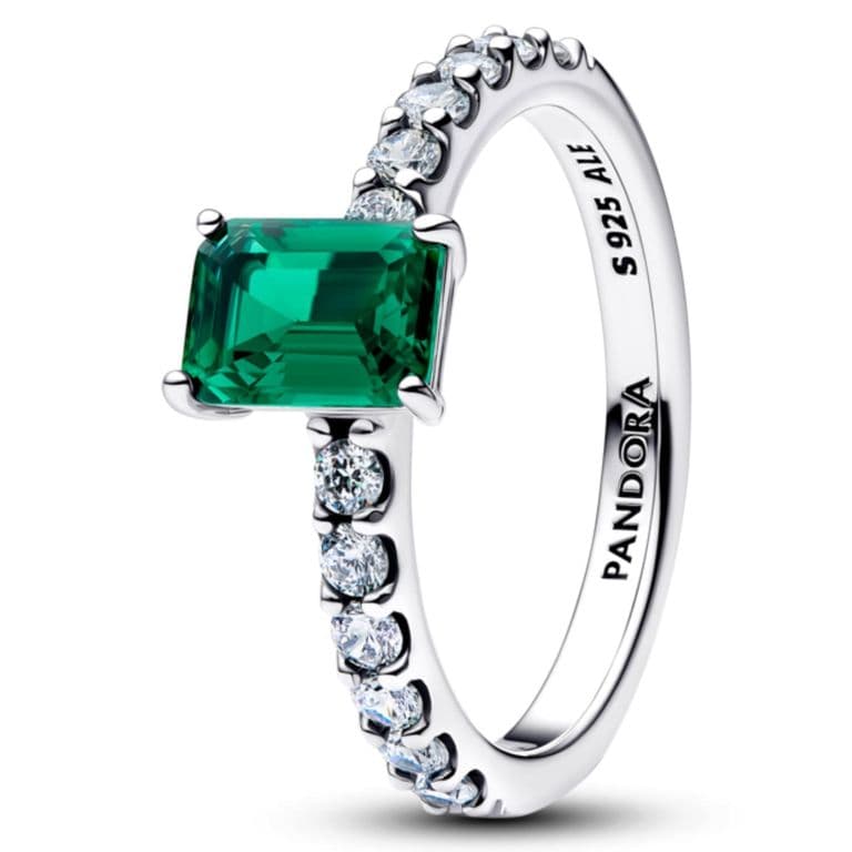 Anillo Rectangular Verde Reluciente con Halo Mujer 50