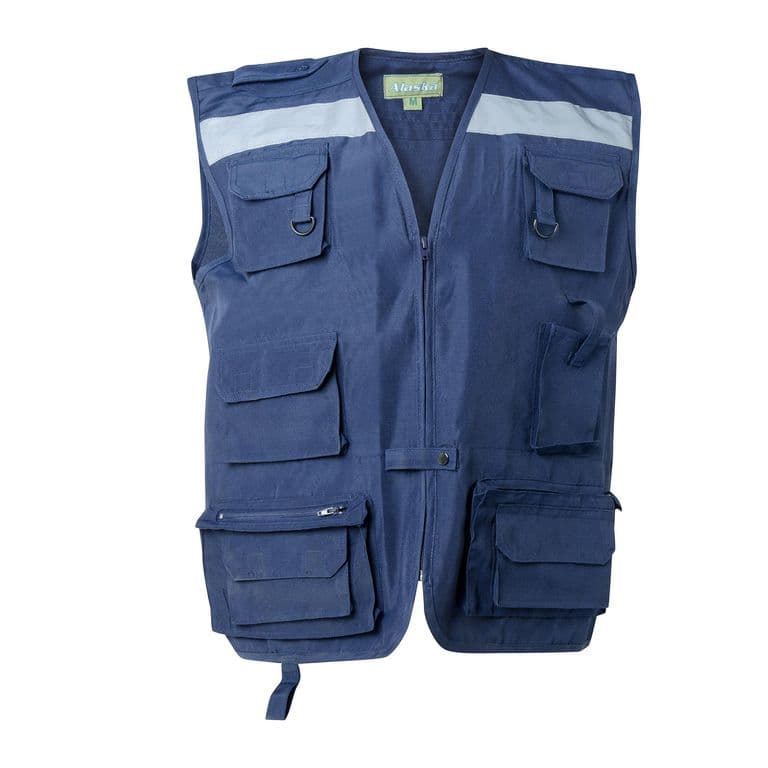 Chaleco geologo poplin azul, cinta reflectiva, multibolsillos, talla m