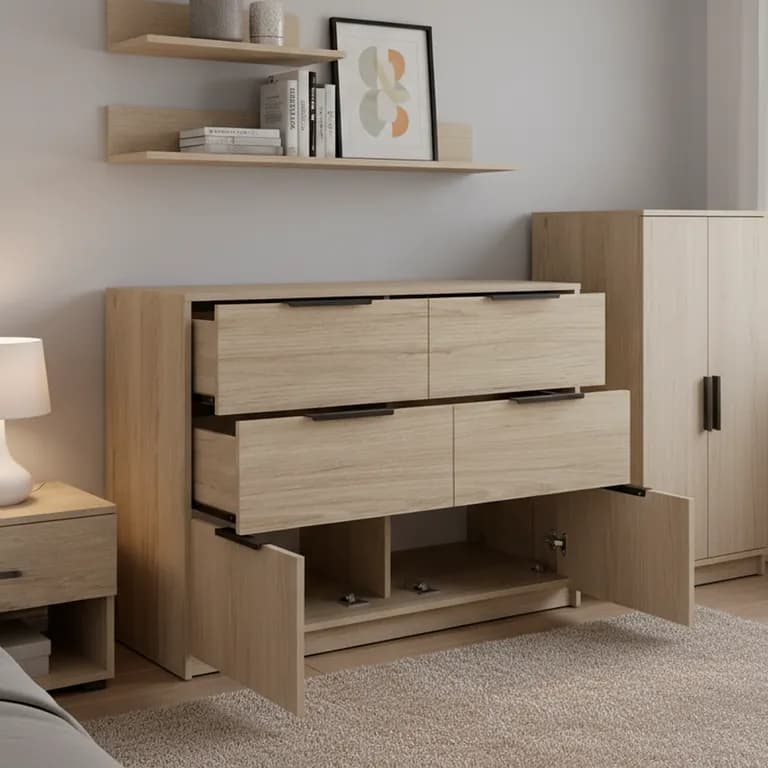 Comoda 2 Puertas 4 Cajon(es) Kaia 107x77.6x41.6 cm Roble claro/Blanco