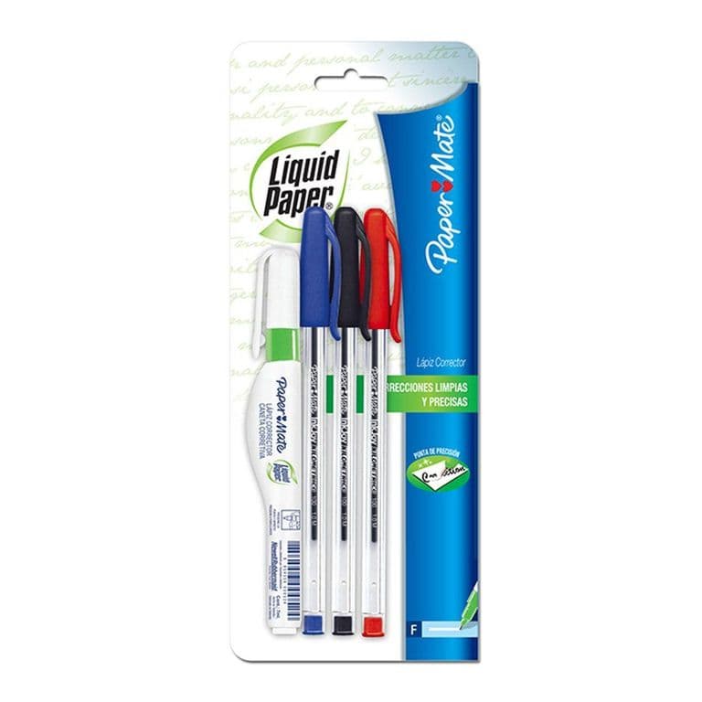 Pack Lapiz Corrector mas 3 Boligrafos Colores Basicos UN