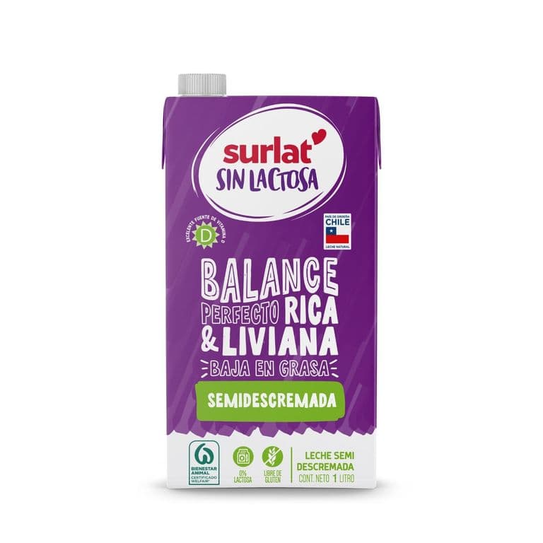 Leche Semidescremada Sin Lactosa Surlat 1 lt