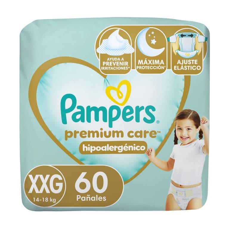 Panales Desechables Premium Care Hipoalergenico Talla XXG Pampers 60 un