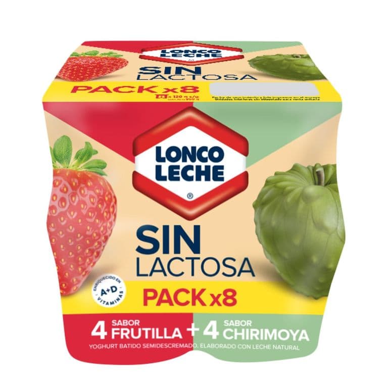 Pack Yoghurt Sabor Frutilla y Chirimoya Sin Lactosa Loncoleche 8 x 120 g