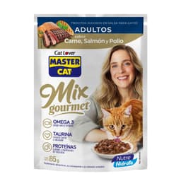 Alimento para Gatos Humedo Trocitos Carne, Salmon y Pollo Master Cat 85 g