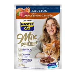 Alimento para Gatos Humedo Trocitos Atun, Salmon y Camaron Master Cat 85 g