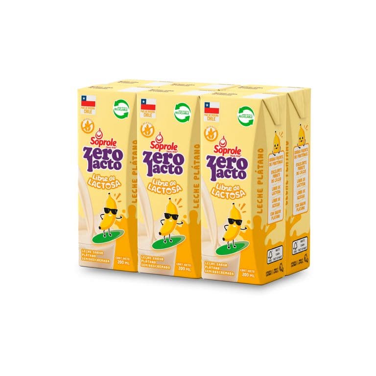 Pack Leche Sabor Platano Sin Lactosa Zerolacto Soprole 6 x 200 ml