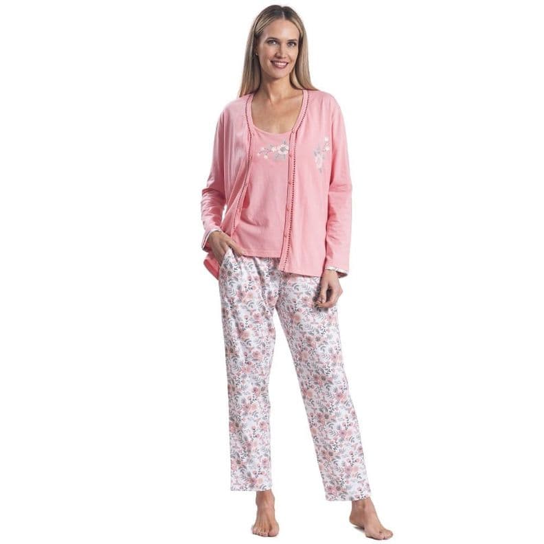 Pijama Algodon 3 Piezas Con Polera Pabilo Rosado S