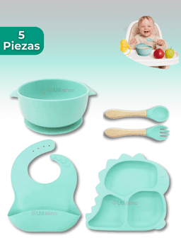 Set De Alimentacion Bebe Silicona 5 Piezas Dinosaurio Libre BPA Turquesa