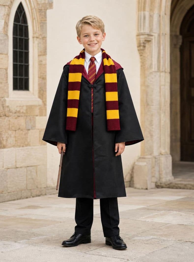 Disfraz Mago Con Capa Bufanda Corbata y Varita Gryffindor Nino y Nina 4