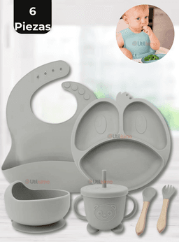 Set De Alimentacion Bebe Silicona De Formas 6 Piezas Libre BPA Gris