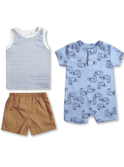 Set 3 Piezas Conjunto con Enterito Bebe Nino Tedmimak 100% Algodon Rayas Azules Azul 12 meses