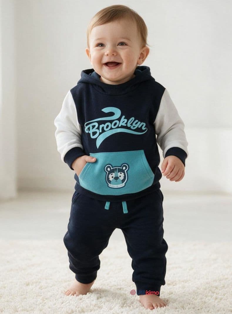 Conjunto 2 Piezas Buzo y Poleron 100% Algodon Bebe Nino Tedmimak Brooklyn Azul 18 A 24 Meses