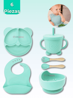 Set De Alimentacion Bebe Silicona De Oso 6 Piezas Libre BPA Turquesa