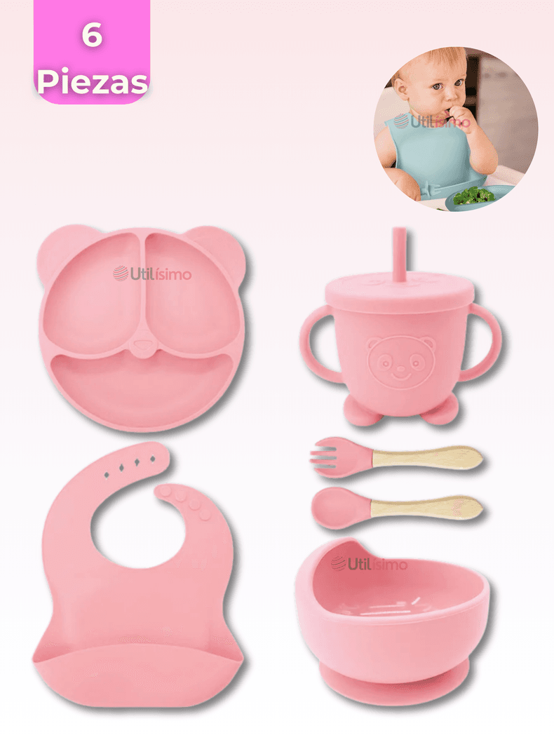 Set De Alimentacion Bebe Silicona De Oso 6 Piezas Libre BPA Rosa Claro