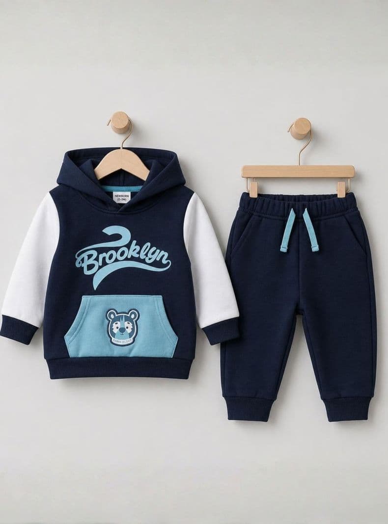 Conjunto 2 Piezas Buzo y Poleron Bebe Nino 100% Algodon Tedmimak Brooklyn Azul 24 A 36 Meses