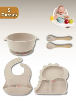 Set De Alimentacion Bebe Silicona 5 Piezas Dinosaurio Libre BPA Beige