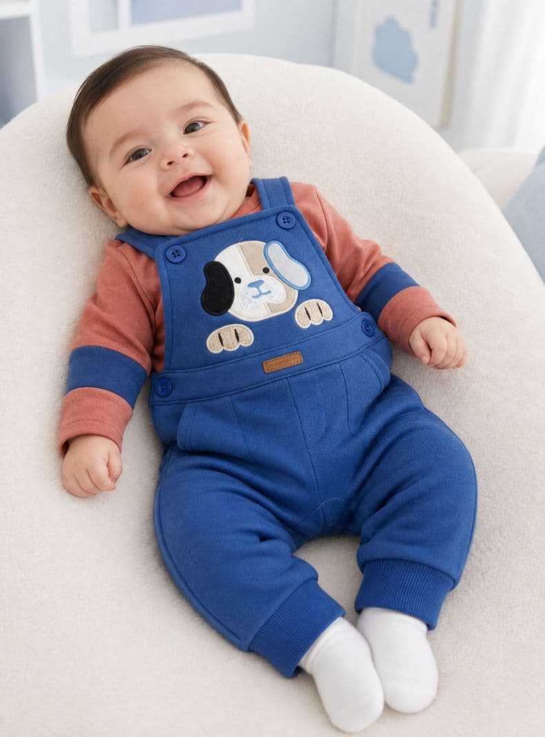 Conjunto 2 Piezas Jardinera Polera Manga Larga 100% Algodon Bebe Nino Jumper Tedmimak Adorable Puppy Azul 0 A 3 Meses
