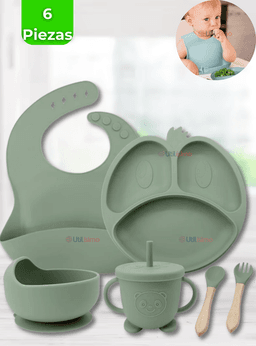 Set De Alimentacion Bebe Silicona De Formas 6 Piezas Libre BPA Verde