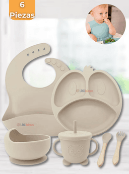 Set De Alimentacion Bebe Silicona De Formas 6 Piezas Libre BPA Beige