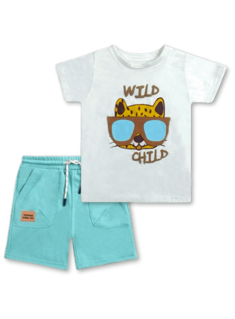 Set 2 Piezas Conjunto Polera y Short Tedmimak Verano 100% Algodon Wild Child Azul 6 meses