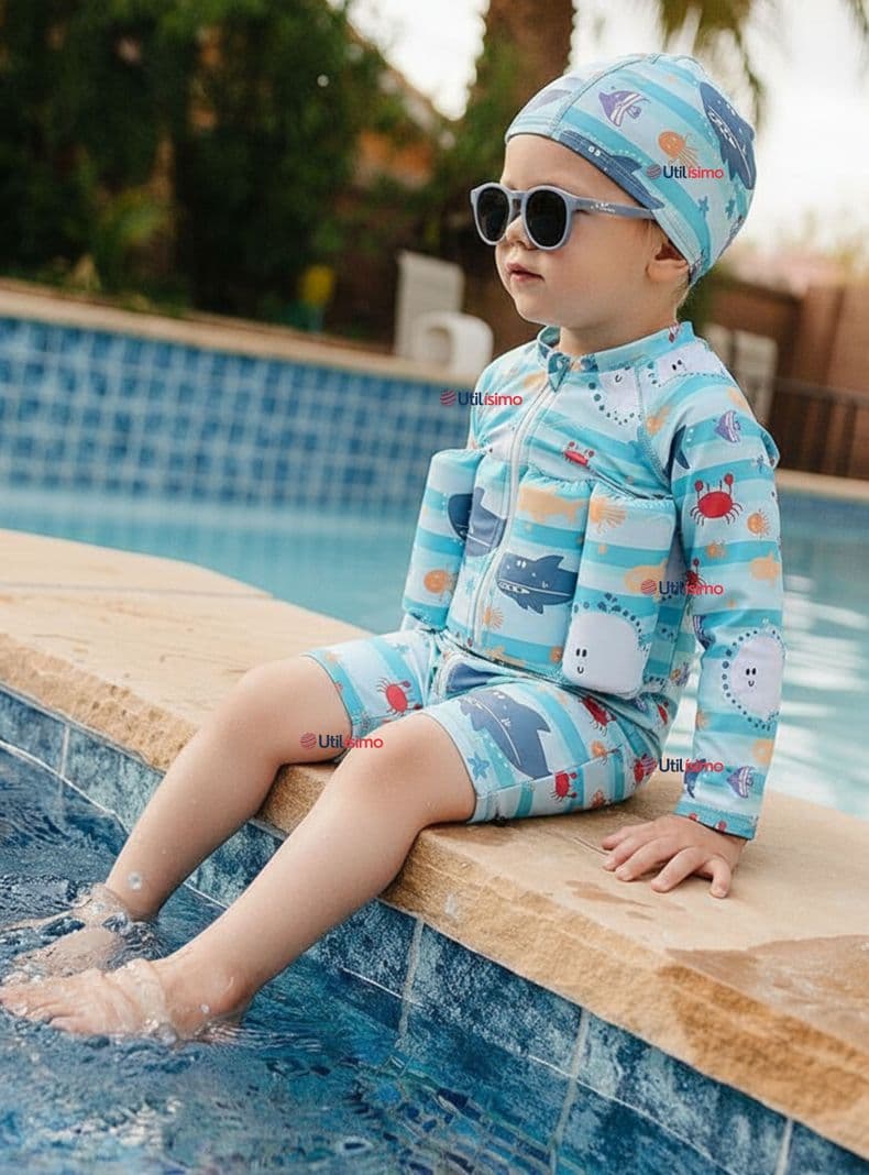 Traje de Bano Enterito con Flotador y Gorro Nino 2 Piezas 9 a 36 Meses Blue Sea azul claro 9 A 12 Meses
