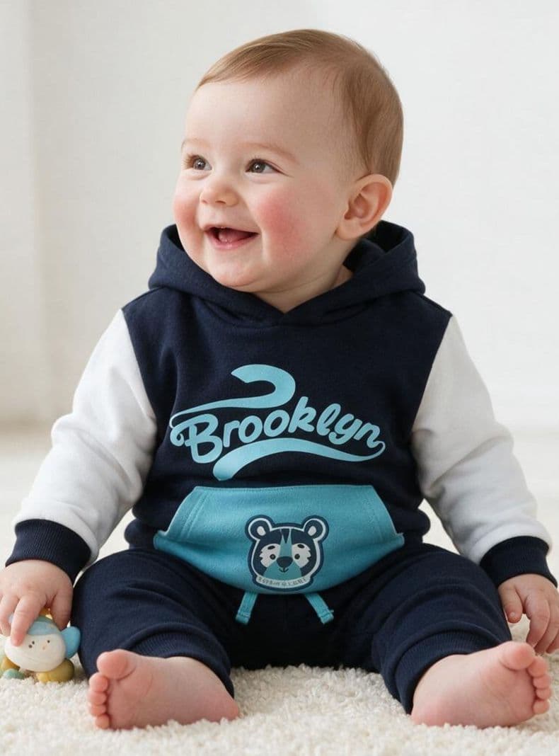 Conjunto 2 Piezas Buzo y Poleron 100% Algodon Tedmimak Bebe Nino Brooklyn Azul 6 A 9 Meses