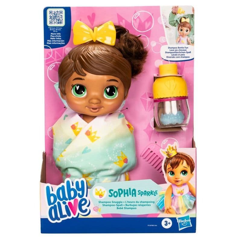 Muneca Baby Alive Burbujas Relajantes Sophia Sparkle Cabello Castano Morado