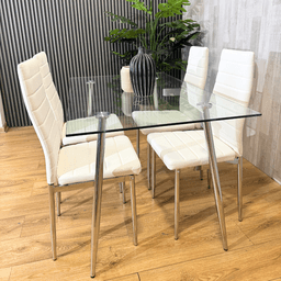 Comedor Mesa Rectangular Vitreo 130x80 + 4 Silla Dining Blanca Blanco 130 CM