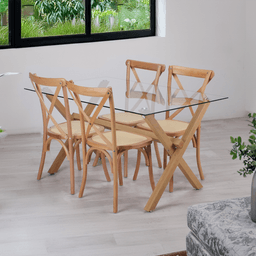 Comedor Mesa Xinia 140X90 + 4 Sillas Crossback | Madera & Ratan Cafe 140 CM