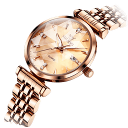Reloj Cuarzo para Mujer Esfera Dorada Facetada Cristales Brillantes Dorado Metalico