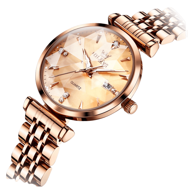 Reloj Cuarzo para Mujer Esfera Dorada Facetada Cristales Brillantes Dorado Metalico