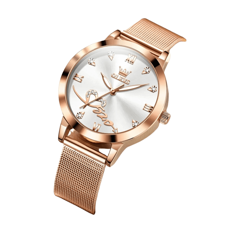Reloj de Mujer Diseno Elegante Pulsera Metalica de Malla Rosa Dorado Dorado Metalico