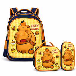 Set 3 Piezas Mochila Infantil Escolar Capibara con Luces Lonchera Estuche Resistente y C modo Naranjo Claro