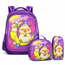 Set 3 Piezas Mochila Infantil Escolar Capibara con Luces Lonchera Estuche Resistente y C modo Lila
