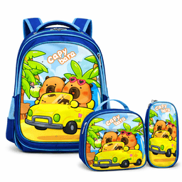 Set 3 Piezas Mochila Infantil Escolar Capibara con Luces Lonchera Estuche Resistente y C modo Azul Oscuro