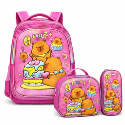 Set 3 Piezas Mochila Infantil Escolar Capibara con Luces Lonchera Estuche Resistente y C modo Rosado Claro