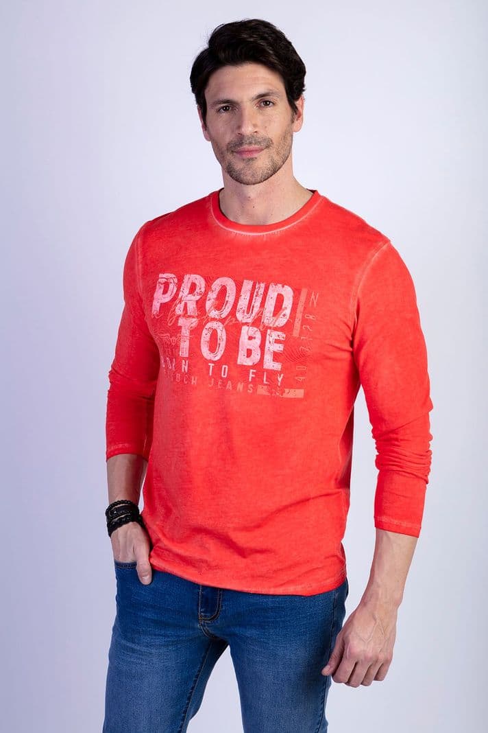 Polera Basica Manga Larga Lavada Michigan Rojo XL