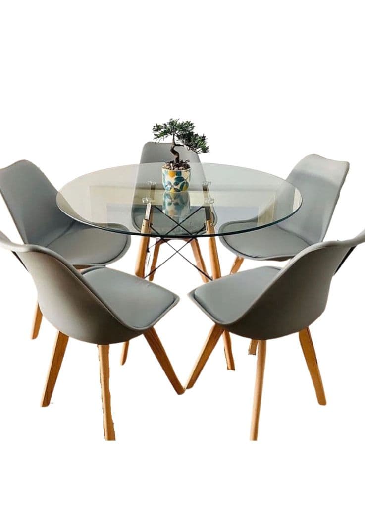 Comedor Mesa Eames Vidrio 100 cm + 5 Sillas Tulip Grises