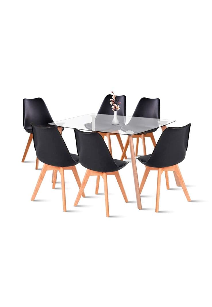 Comedor Mesa de Vidrio Nordica 140x90 cm + 6 Sillas Tulip Negras Negro