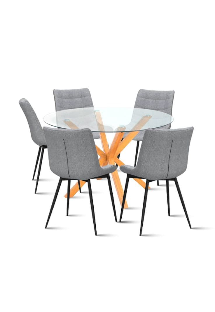 Comedor Mesa redonda de vidrio Cross 120cm + 5 Silla Macron Terciopelo - Gris