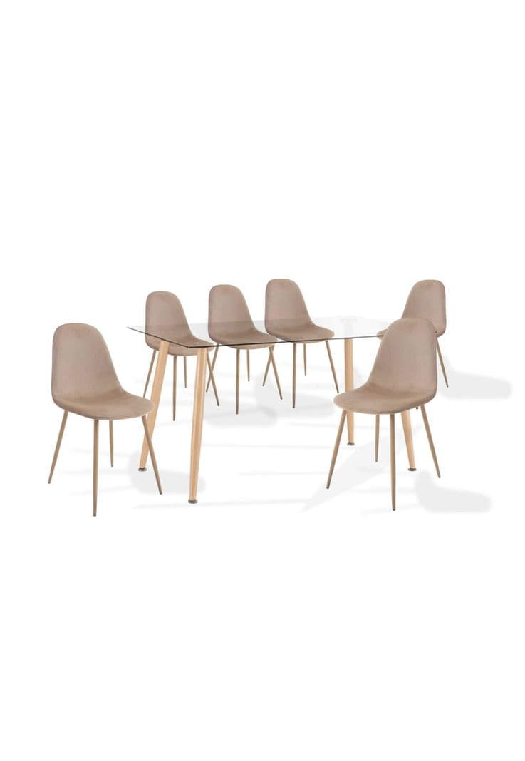 Comedor mesa de vidrio 120x80 + 6 Sillas Spoon Terciopelo beige