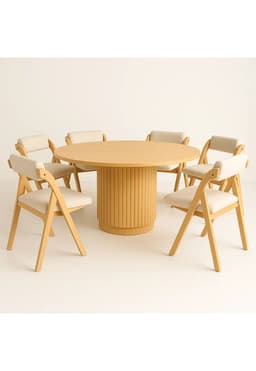 Comedor Redondo Nordico Armonia 130cm Madera Natural + 6 Silla Betlahem Plegable Acolchada Beige