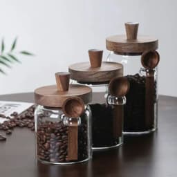 Set de 3 Frascos de Vidrio con Tapa de Madera y Cuchara Cafe