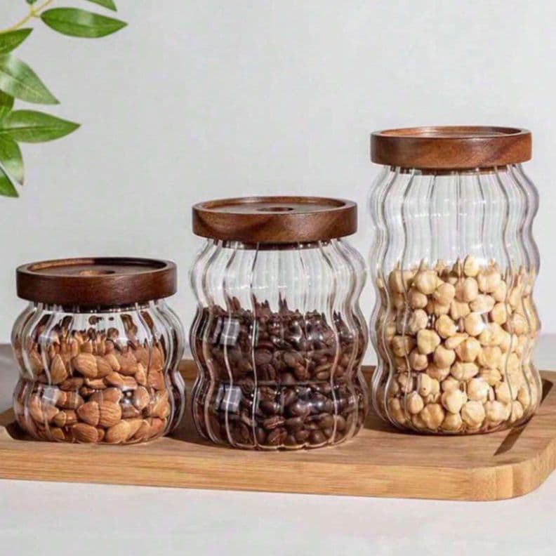 Set de 3 Frascos de Vidrio con Tapa de Madera Cafe